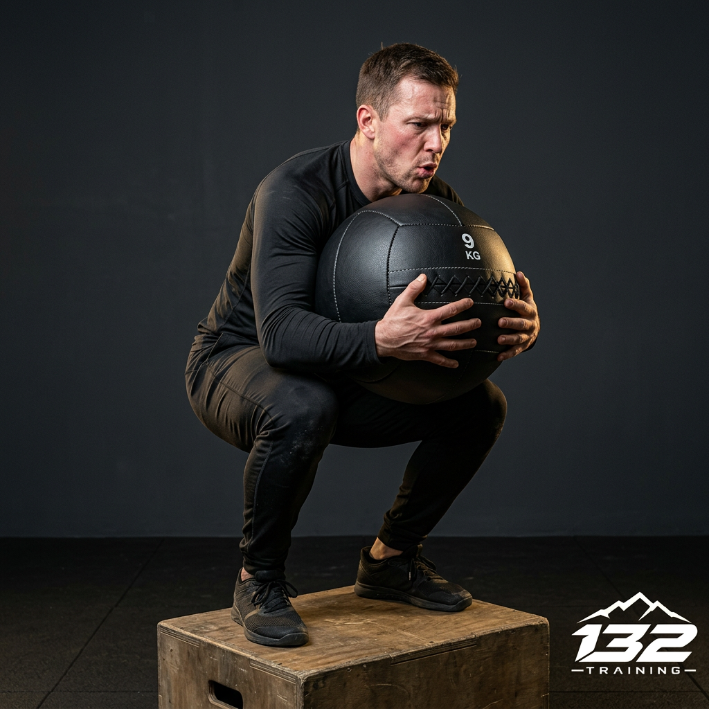 Salto al cajón abrazando Medicine Ball de 9 kg